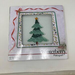 Pfaltzgraff Winterberry Christmas Glass‎ Platter With Tree Design & Green Border